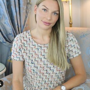 Zara Tweed Set Top and Skirt XS Cream with Metallic Thread